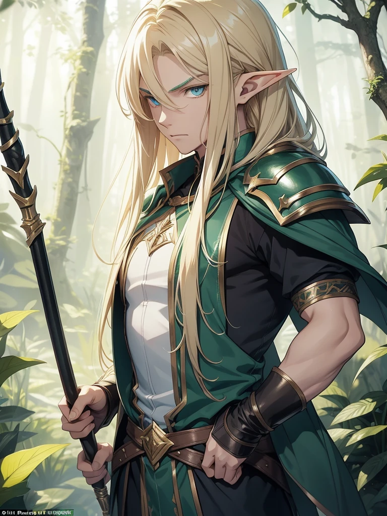 A male elf that possesses flowing blonde hair and striking blue eyes, typical of his elven heritage. He dresses in supple, forest-green leather armor crafted for agility and stealth, complemented by dark trousers and sturdy boots that allow him to move swiftly through the dense underbrush of Evershade Forest.
