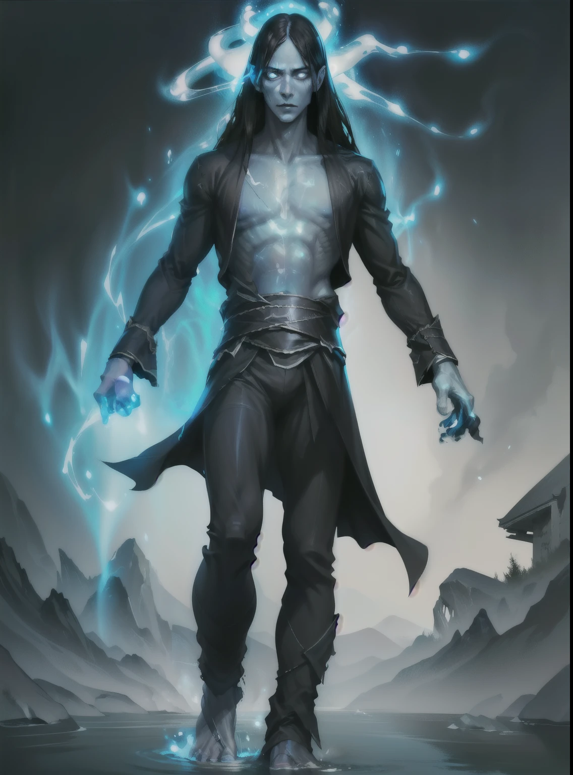 I want you to create a pale man, his translucent skin and slender body, black hair and blue phantasmagoric gaze, black clothes covering his entire body, and an aura of distressing shadow around him, a dark but passionate creature, a beautiful face, and a serene position, so that the generated image can see from head to toe, with long hair