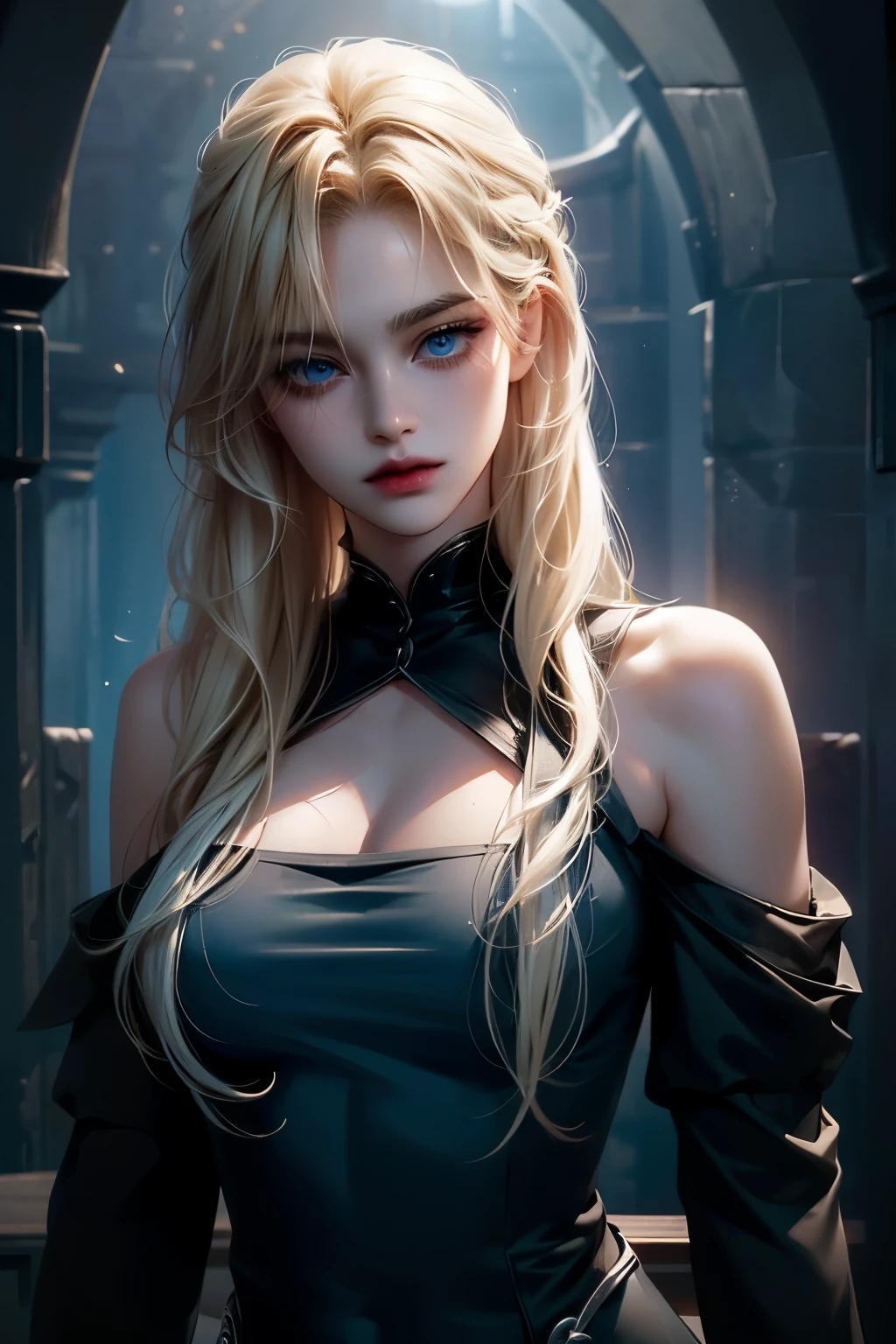 (best quality) (close up) (headshot) beautiful gothic woman with snow white skin golden blond hair with black ombre with a center part hair and amber eyes wearing black lip stick and black makeup with tattoos, looking over shoulder, HDR, 4K, 3D