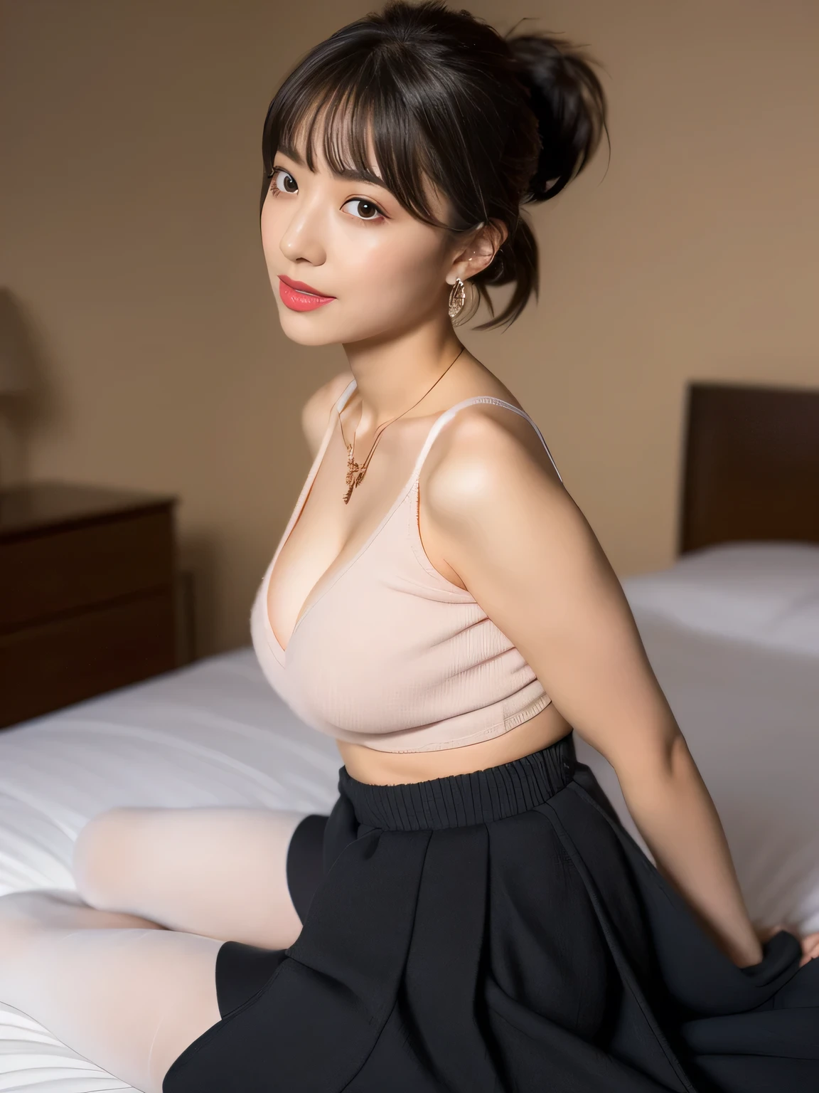 ((Wide-angle photography, Clear photos, Take a full body photo:1.2)),
(Bright color trend fashion, Cut and sew, Long Flared Skirt, Wearing black stockings:1.5),
(No bra, The shape of the nipples is visible,Beautiful thighs,Ultra-detailed skin),

((Her body is incredibly beautiful and stylish)),
((Spending time in bed with her, She is a little drunk:1.2)),

((She is wearing string to accentuate her breasts.:1.4)),

((24-years-old, Beautiful young wife:1.5)),
((Naughty lips, Sexy body, Body facing forward:1.2)),
((Small breasts, Flat Chest, chest is slightly drooping)),
((Large bedroom, Spotlight)),

Eye focus, Narrow shoulders, Beautiful clavicle, Thin arms, Thin legs, The back of the hand is beautiful and feminine, Slim figure, Soft belly, Tight waist, Highly detailed face, super detailed breasts, Ultra-detailed skin, Fair skin, Shiny skin, 
Ultra-detailed lips, Fuller lips, Thick and soft lips, Glossy pink lips,
Blushing, White teeth, blue eyes,
Beautiful actress makeup, Compensate, Pink lipstick,
Dark brown hair, Delicate and soft hair, (Put your hair up, Fluffy short bob, ponytail:1.2), (Sweep your bangs to the side:1.2),
(Stylish earrings,necklace:1.2),
