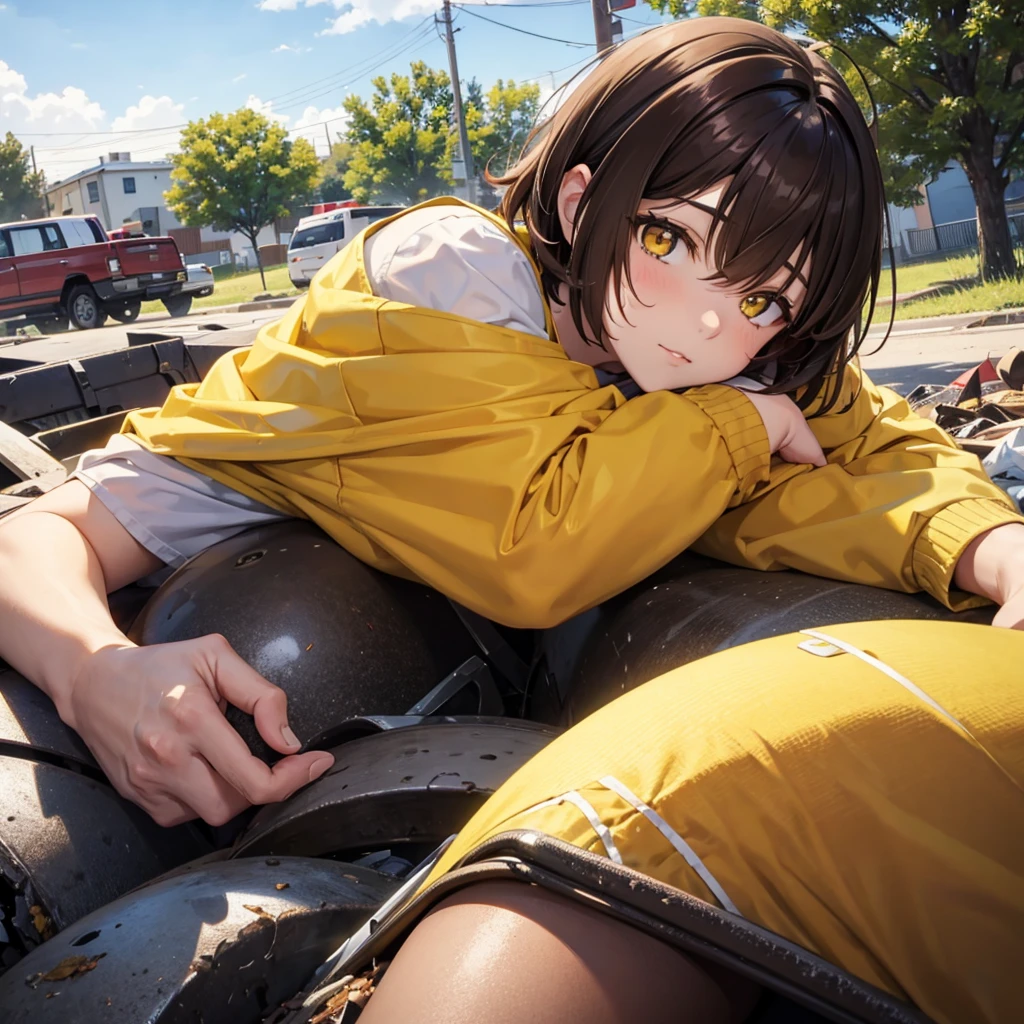 waifu girl, short brown hair, yellow eyes, lying on a pile of trash