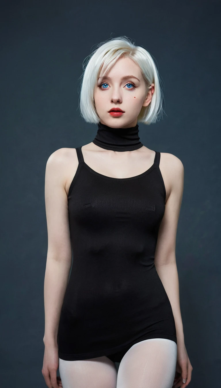 Cyberpunk edgerunners, 1 Girl, Lucy (Cyberpunk), Bare shoulders, blue eyes, breast, Tights, Looking at the audience, medium breast, Off-shoulder夹克, Off-shoulder, Red Eyeliner, short hair, sleeveless turtleneck Tights, Solitary, turtleneck Tights, White hair, ((masterpiece)) (best quality, masterpiece)