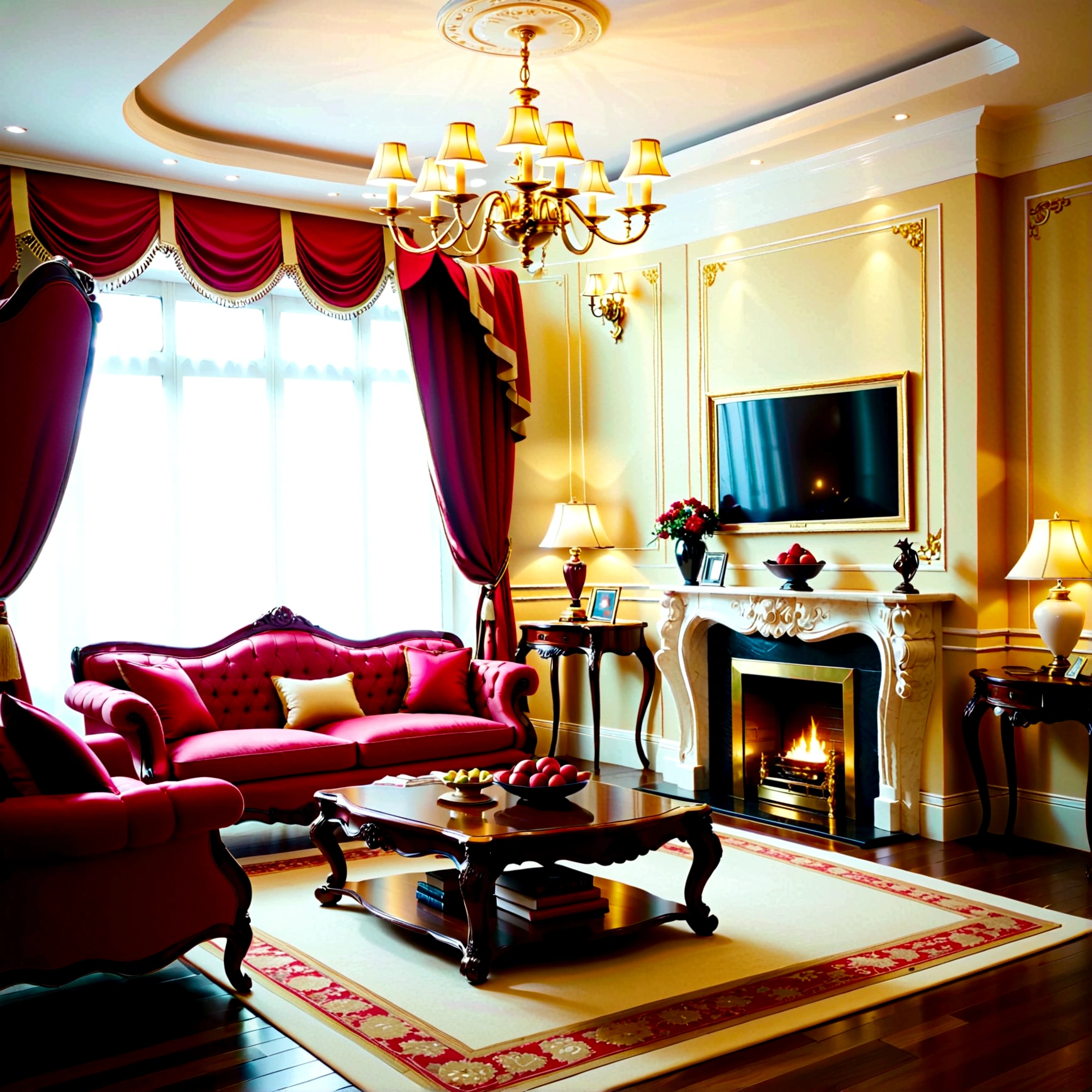 The living room is decorated in European style, Luxurious and sophisticated atmosphere. Exquisite interior decoration details highlight the sophisticated style of the room, The carefully designed decorative design adds an impeccable finishing touch