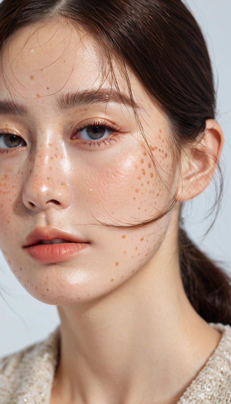 Irregularly distributed a small number of light-colored freckles on the cheekbones