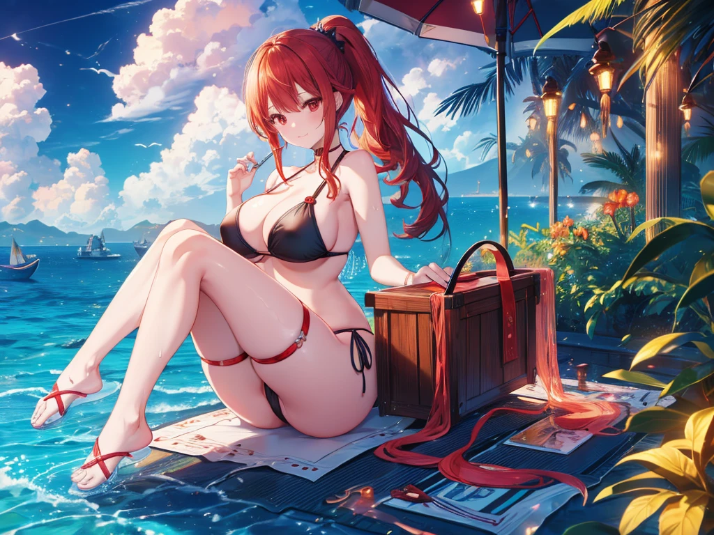 Parasol, food, basket, flip flops, vinyl sheet, Beaches and sands, Calm expression, Perfect hands, elder, Red Hair, The dignity of a 50-year-old, 落ち着きのあるwoman, solo、(Highly detailed background:1.0)、(Highly detailed background:1.0)、masterpiece、Highest quality、(Babes)、Fractal Art、Red eyes、Narrow eyes、Sexy black and red swimsuit, Reddish cheeks、Tropical Sea、From the shoulders up、Recall、smile、One Woman、Three-dimensional clouds、Venice beach, Red long ponytail, Red eyes,スタイリッシュなアクセサリーsolo, Big Breasts, woman, Take-out, Provocative laughter,40 year old woman,Queen of Sadism, Highly detailed background, Great writing style, Sit with both hands outstretched, Splash, Diffuse reflection of light, Perfect Human Medicine, Water breathing, Bare Skin, barefoot, Sweat,
