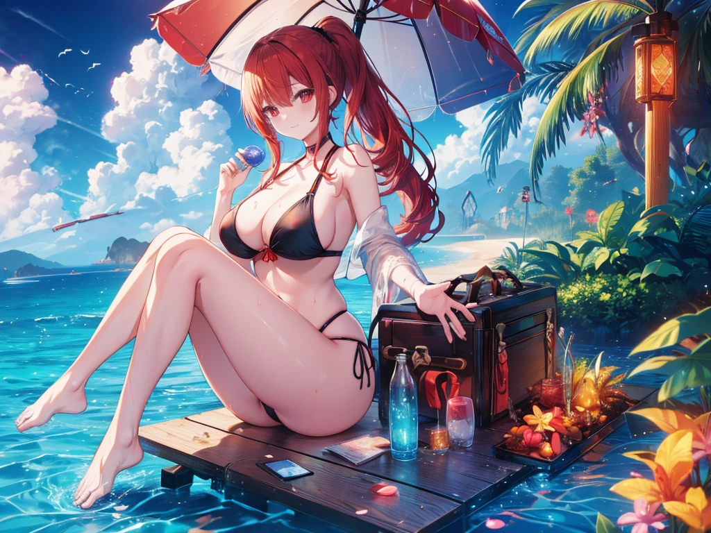 Parasol, food, basket, flip flops, vinyl sheet, Beaches and sands, Calm expression, Perfect hands, elder, Red Hair, The dignity of a 50-year-old, 落ち着きのあるwoman, solo、(Highly detailed background:1.0)、(Highly detailed background:1.0)、masterpiece、Highest quality、(Babes)、Fractal Art、Red eyes、Narrow eyes、Sexy black and red swimsuit, Reddish cheeks、Tropical Sea、From the shoulders up、Recall、smile、One Woman、Three-dimensional clouds、Venice beach, Red long ponytail, Red eyes,スタイリッシュなアクセサリーsolo, Big Breasts, woman, Take-out, Provocative laughter,40 year old woman,Queen of Sadism, Highly detailed background, Great writing style, Sit with both hands outstretched, Splash, Diffuse reflection of light, Perfect Human Medicine, Water breathing, Bare Skin, barefoot, Sweat,
