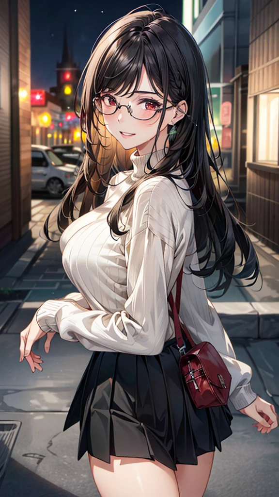 (best quality, Masterpiece), 1 girl, The sun shines, In the building, black hair, Beautiful long hair, braid, pink eyes, glasses, cute, Bright face, Good mood, big breasts, Beautiful fashion outfit for a date, shy, 1 woman, young girl, (Goosebumps:0.7), Beautiful face, (shyไลเนอร์, lipstick:0.9), nighttime, street lights, fall, 4K, 8K, UHD, HDR, detailed background, background