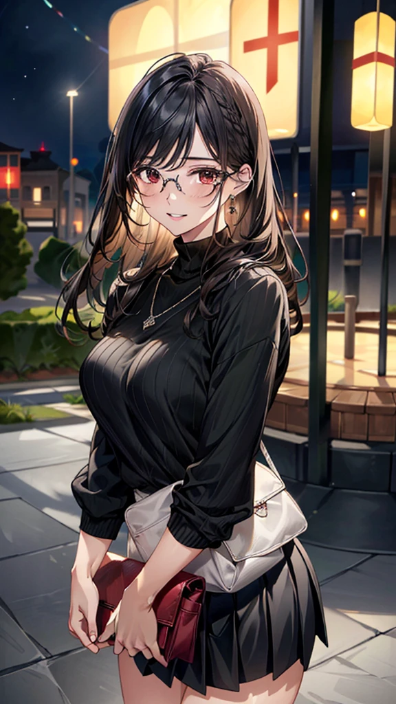(masterpiece:1.3, Highest quality), Ultra-high resolution, Super detailed, (Realistic, photoRealistic:1.4), Beautiful illustrations, Perfect lighting, colorful, Depth of written boundary, 
View your viewers, (Face Focus, Upper Body), 1 Girl, alone, Beauty,30 years old, (Large Breasts:0.8, Big Ass, Captivating thighs, Skin Dentition),
(Mid-length hair:1.2, Single Blade, Black Hair), bangs, braided bangs, (Brown eyes), Droopy eyes, Part your lips, Shiny skin, 
Beautiful Hair, Beautiful Face, Highly detailed face, Beautiful attention to detail, Beautiful clavicle, Beautiful body, Beautiful breasts, Beautiful thighs, Beautiful feet, Beautiful fingers, 
(Detailed cloth texture, Green long sleeve high neck sweater：1.4, Black pleated skirt), Round Glasses, Shoulder bag, garnet necklace, 
(Beautiful views), night, (Downtown, stage), walking, (A seductive smile), 