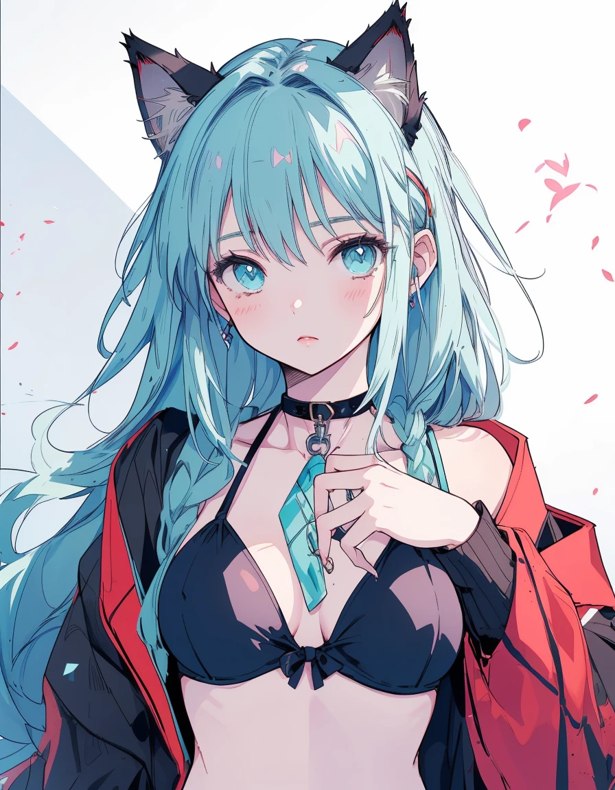 Japanese Samurai, black bikini, katana, ((masterpiece, best quality:1.5)), ((Beautiful detailed cat aqua eyes:1.2)), cat ears, pale skin, medium breasts, beautiful hands, beautiful fingers, EasyNegative