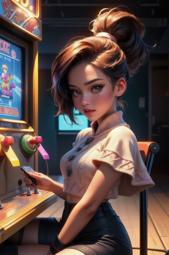 (ultra realistic,32k, masterpiece:1.2),(high detailed skin:1.1),( high quality:1.1),
detailed hair,
intricate detail,
(detailed realistic background:1.3),
realistic lighting,
[cinematic lighting|sunset lighting],
masterpiece,
high quality,
32k,
hyperrealism,
soothing tones,
muted colors,
high contrast,
soft light,
sharp,
artistic photoshoot, senior,cute,slender,european, eyes,pale cheeks,square face shape with angular jaw,natural "no-makeup" makeup,detailed hair,small breasts,legs, perfect fingers,black stockings,wearing 90's inspired clothing, including Colorblock knit capelet and palazzo bottoms ,Caramel voluminous ponytail,
Retro Arcade Corner: A playful retro arcade corner features vintage arcade machines, pinball tables, and classic gaming consoles. Patrons can reminisce about their favorite childhood games while enjoying their favorite beverages.
