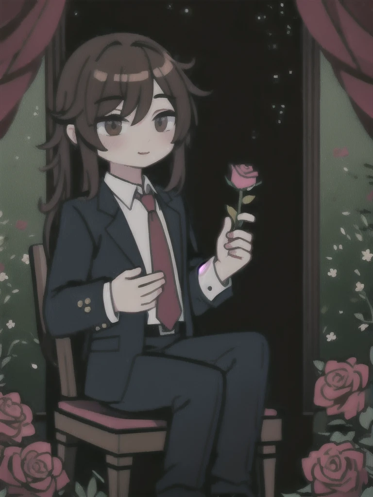 (masterpiece, best quality:1.2), 1 guy, Brown hair, bangs cover the right eye,shirt, tie, trousers, Sits on the throne, holding a rose in his hands, Roses Around
