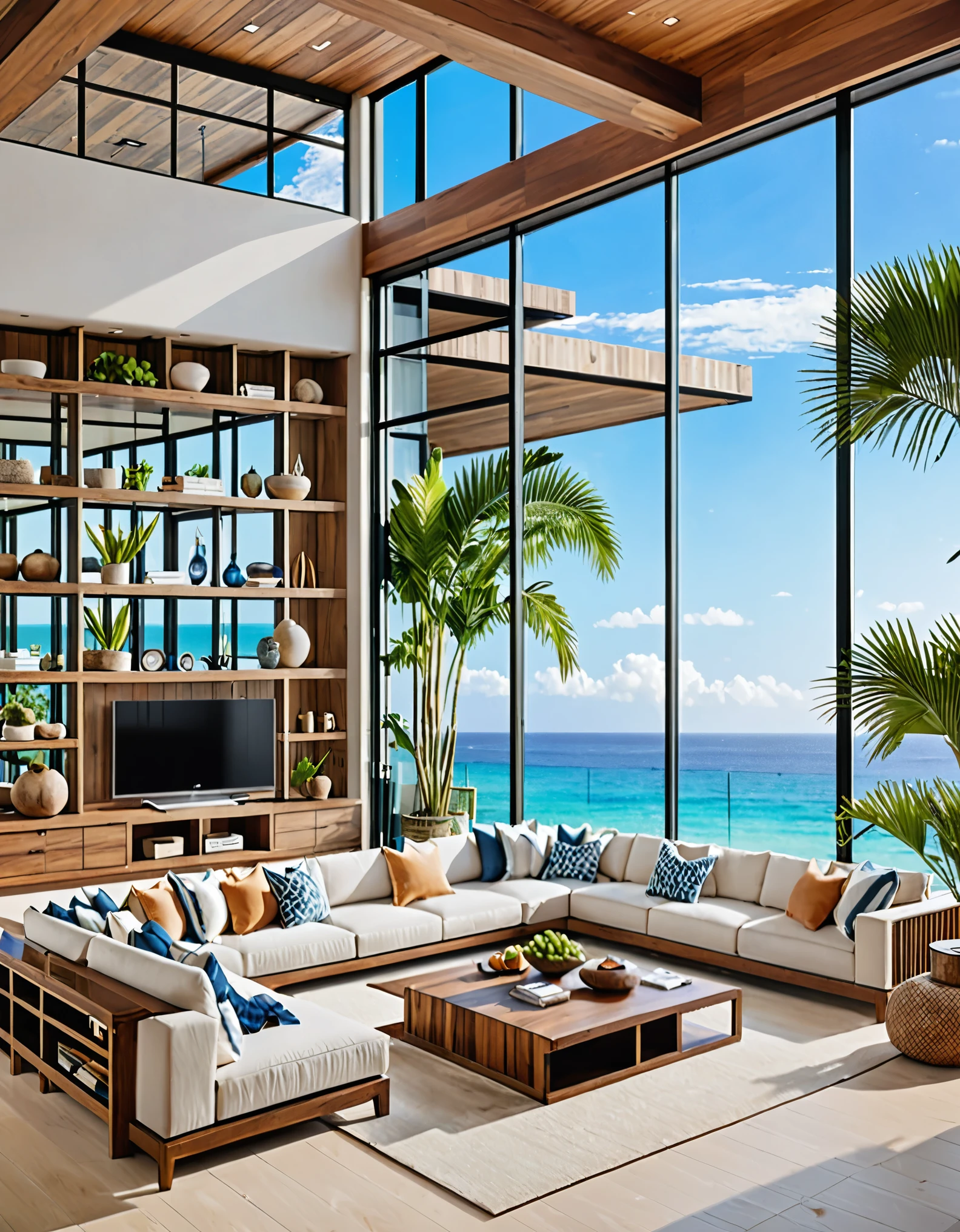 A luxurious beachside living space featuring an open-plan design with a seamless blend of indoor and outdoor elements. The interior boasts large windows that provide breathtaking ocean views, a cozy seating area with a built-in jacuzzi, and a modern kitchen located on a mezzanine level. Natural light floods the room, highlighting the greenery from the potted plants placed around the space. The overall atmosphere is serene and inviting, perfect for relaxation and enjoying the coastal scenery