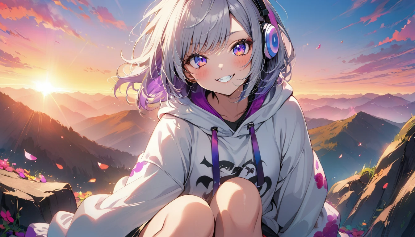 ((Masterpiece)), ((best quality)), (Anime:1.3), (super detail:1.2), (High Definition:1.3), (Professional Photography:1.3),cute young Girl, Glossy unruly hair, (loose swept bangs), (silver ash hair), medium hair, big eyes, (Eye bags:1.3), (Long eyelashes), colorful eyes, (evil smile and blush), Glossy lips, (jagged teeth), ((white hoodie with oversized)), barearms, cute, (Hold the spray can in hand), (colorful:1.3), gothic makeup, (sitting on the edge), colorful petals dance around her, beautiful sunset, Peter Benjamin Graham, a wanderer on a mountain, wearing headphones, full body,