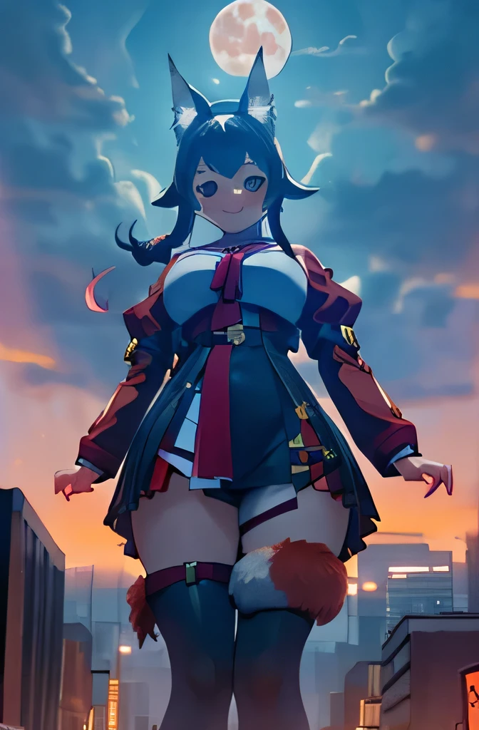 Giantess,wolf tail, Ookami Mio,large bosom,GtsGiga,Gtscity,cityscape,Rampage, Blood moon,nightmarish,nightime,best quailty, masterpeice,2nd outfit,cheerful smile,mature lady,giantess art,vtuber,looking down at viwer