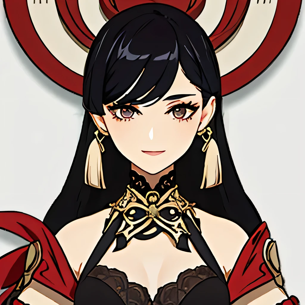 [a gorgeous, mature woman with a seductive smile and parted lips against a white background. She has sharp eyelashes, eyes browns, and long black hair with bangs. His figure is voluptuous, with a narrow waist, Broad Hips, and huge breasts. The image has an impact, Genshin-inspired style, rendered in high detail and HDR quality as a stunning work of art.] Full body 