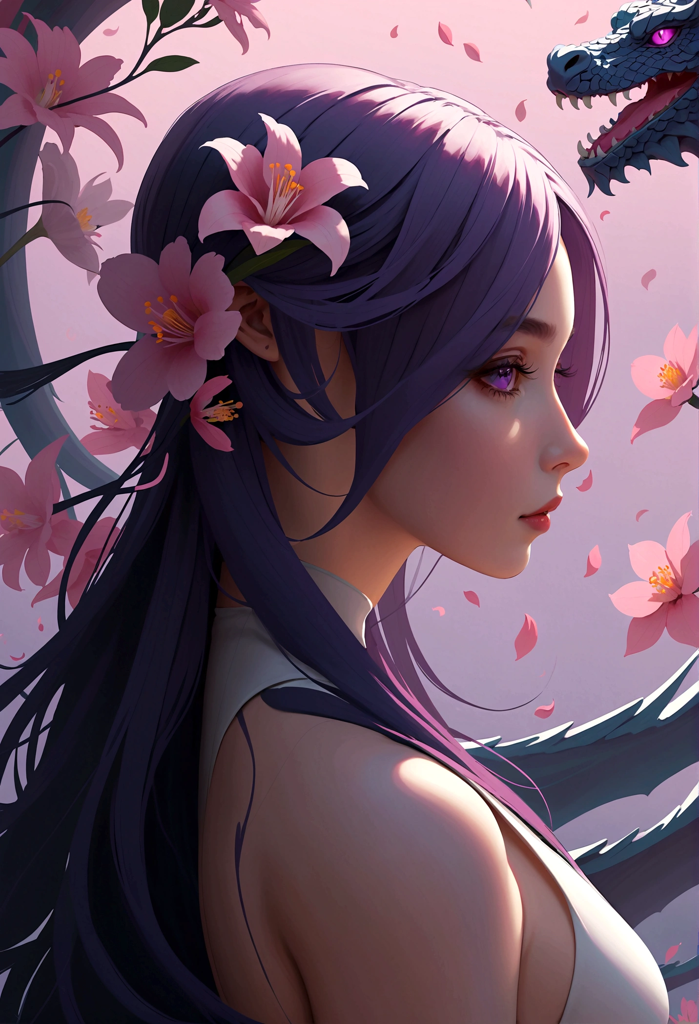 ((masterpiece, best quality)), (Negative Space: 1.2), (1 girl, Solitary: 1.4), petal, Pink Eyes, Dragon Girl, long, Purple Hair, High Ponytail, Liquid Hair Care, Flowers, Dragon Background
