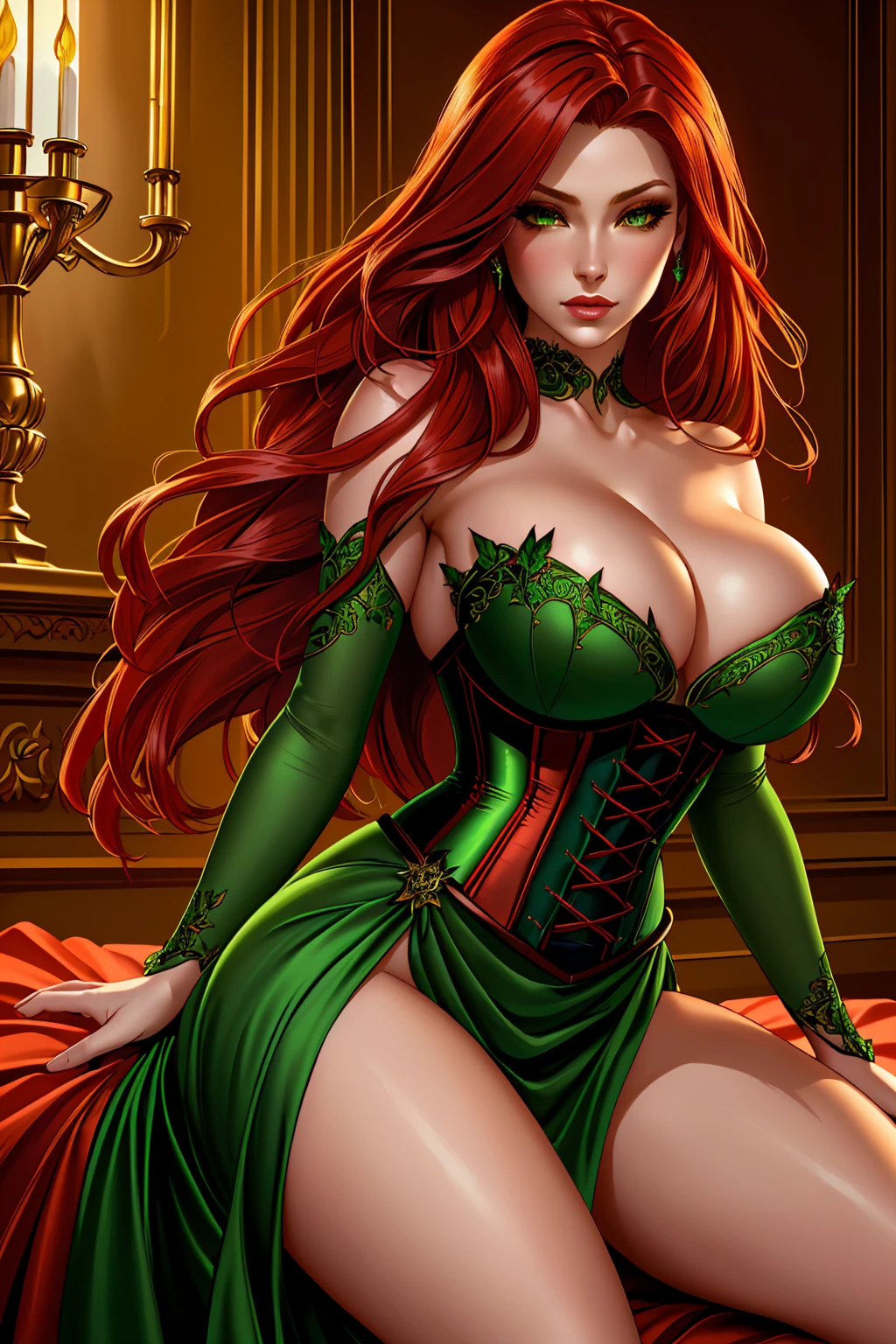 a woman with long crimson hair, wearing a long green dress with a leg slit, intricate corset, beautiful detailed eyes, beautiful detailed lips, extremely detailed face, longeyelashes, elegant pose, graceful movement, breathtaking, detailed and realistic, oil painting, dramatic lighting, warm color palette, cinematic composition, masterpiece, 8k, high quality, poison ivy