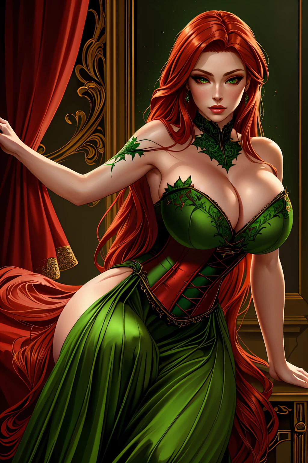 a woman with long crimson hair, wearing a long green dress with a leg slit, intricate corset, beautiful detailed eyes, beautiful detailed lips, extremely detailed face, longeyelashes, elegant pose, graceful movement, breathtaking, detailed and realistic, oil painting, dramatic lighting, warm color palette, cinematic composition, masterpiece, 8k, high quality, poison ivy