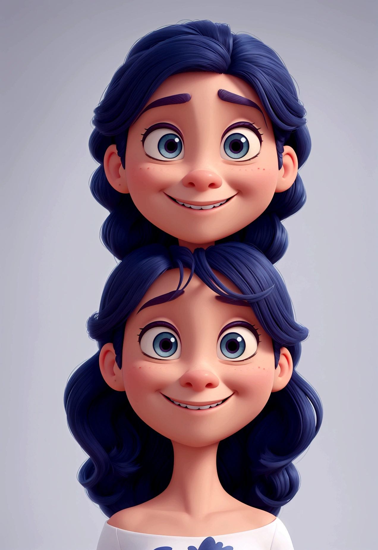 Pixar-style animated character/Disney. Maintain the main features of your face, like the shape of the eyes, the smile and the hair, but add the magical and expressive touch typical of animations from these producers. Emphasize a bright and expressive look, a captivating smile and detailed, voluminous hair. The skin should have a smooth, shiny finish, like in Pixar animations/Disney. Make sure the background is white.