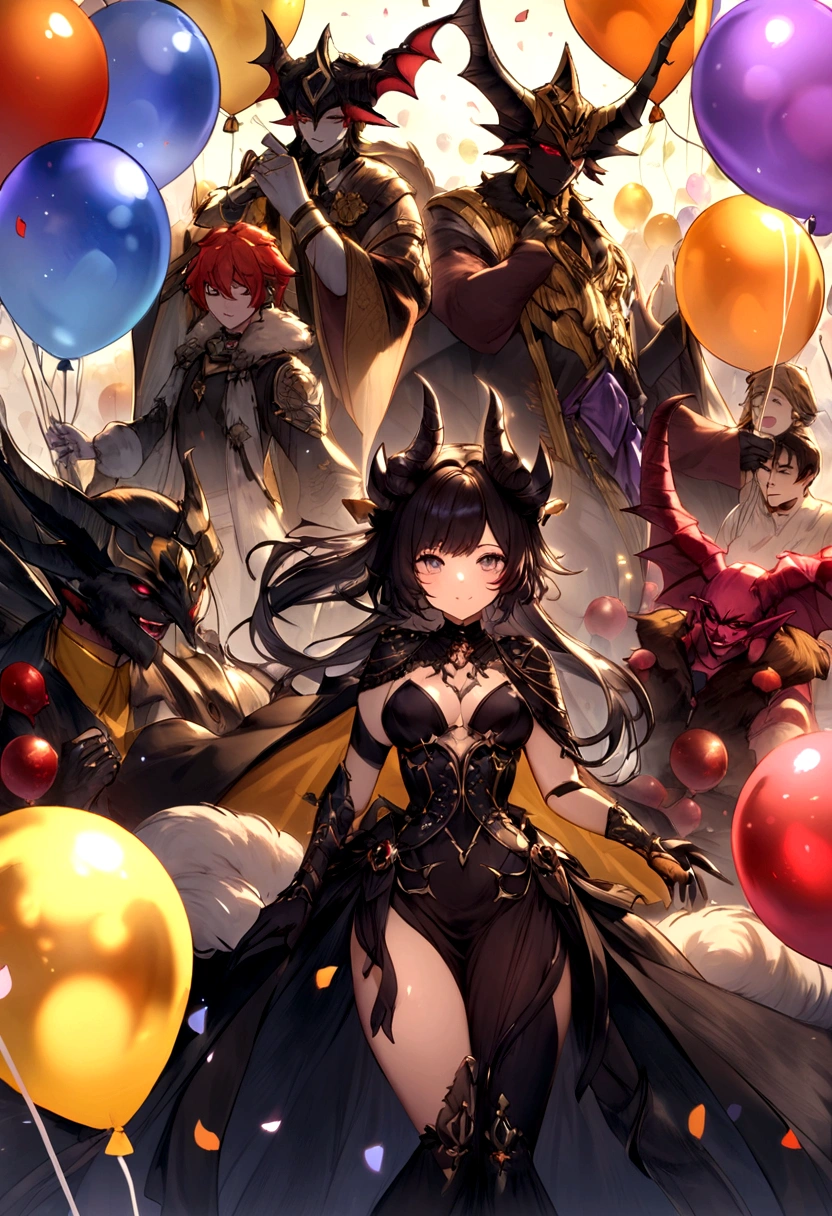 make a summoners war fan art with three characters, one year, a demon and a valkyrie, birthday themed, with lots of joy and balloons