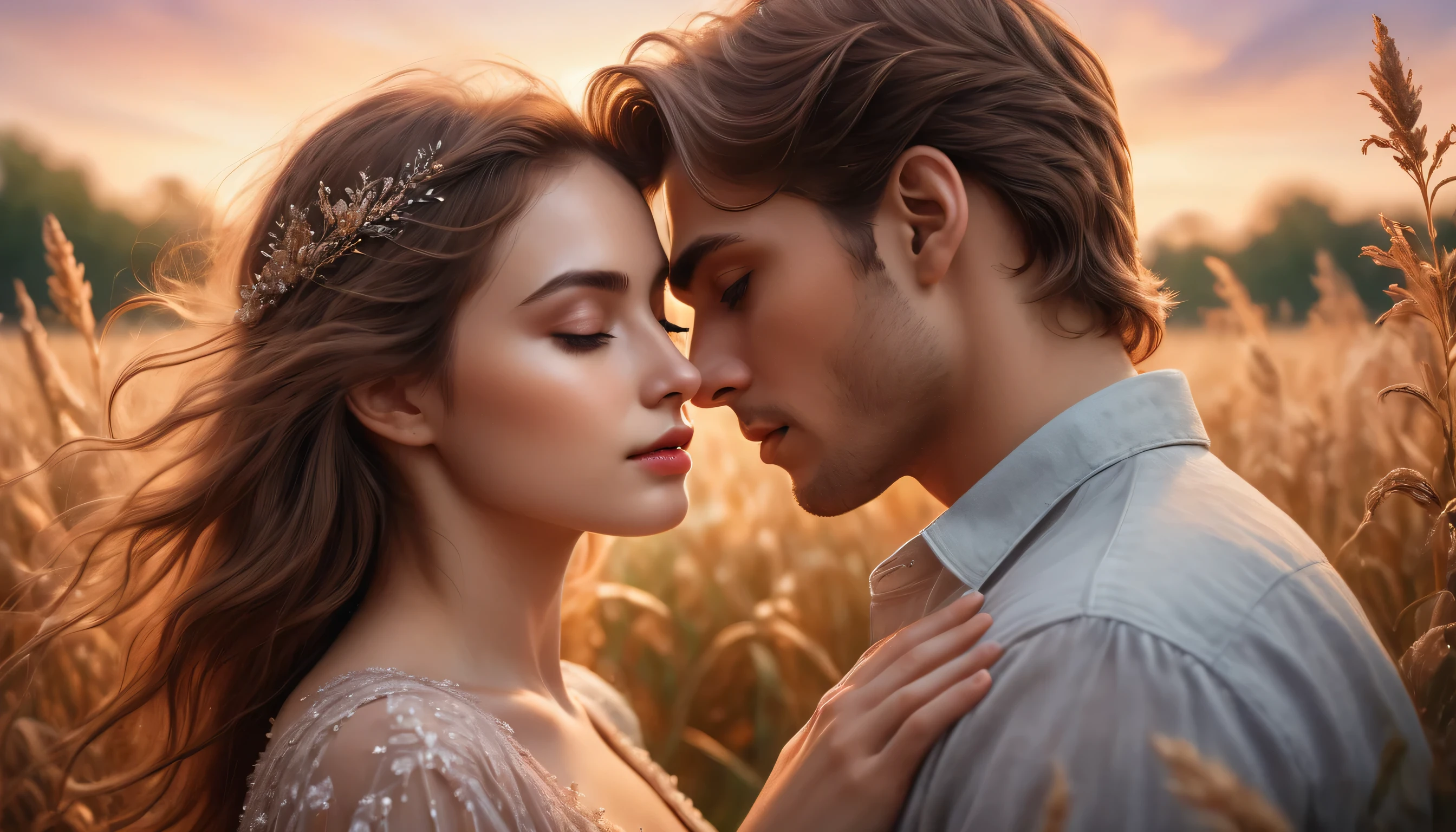 detailed portrait of two young lovers, romantic couple, mystical field, warm lighting, dreamlike, highly detailed, intricate, photorealistic, cinematic composition, soft colors, glowing aura, ethereal atmosphere, lush foliage, magical realism, beautiful detailed eyes, beautiful detailed lips, extremely detailed eyes and face, long eyelashes, elegant poses, passionate embrace, fairytale-like, (best quality,4k,8k,highres,masterpiece:1.2),ultra-detailed,(realistic,photorealistic,photo-realistic:1.37),HDR,UHD,studio lighting,ultra-fine painting,sharp focus,physically-based rendering,extreme detail description,professional,vivid colors,bokeh