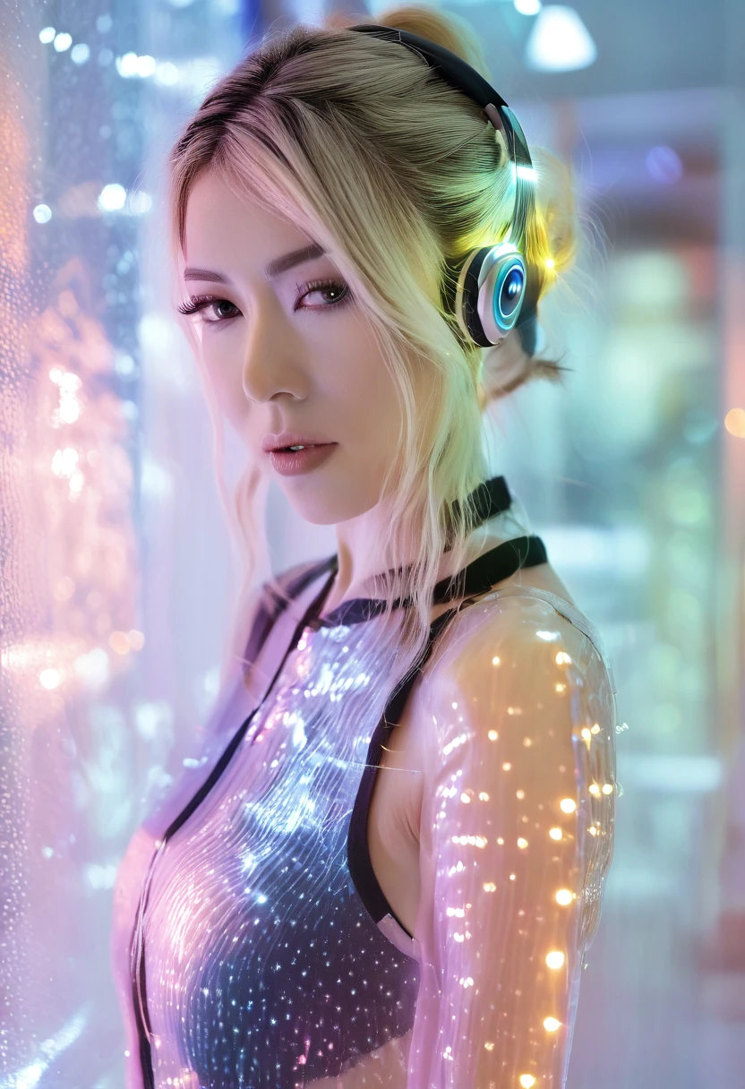 Photo of a woman wearing a colorful tech suit, In a blingbling style, shining/Smooth, precise、Reality, Hard Surface Modeling, Precisionism, item/Construction and design, Luminous headphones, Glowing Hair Accessories, Long hair, Luminous Earrings, Glowing necklace, Cyberpunk,Transparent clothes, Motion Blur, Level lighting effects,close up,Delicate face,