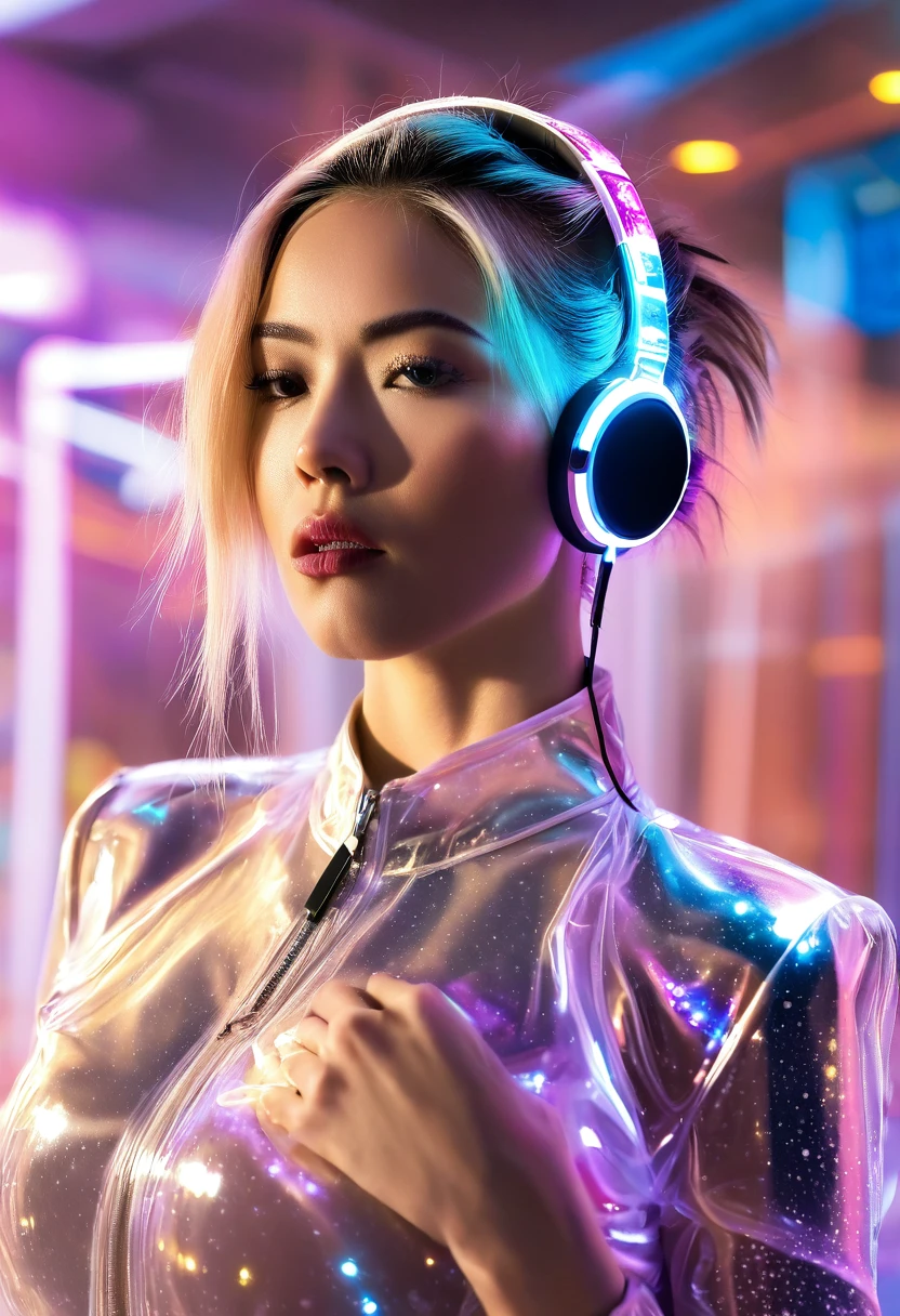 Photo of a woman wearing a colorful tech suit, In a blingbling style, shining/Smooth, precise、Reality, Hard Surface Modeling, Precisionism, item/Construction and design, Luminous headphones, Glowing Hair Accessories, Long hair, Luminous Earrings, Glowing necklace, Cyberpunk,Transparent clothes, Motion Blur, Level lighting effects,close up,Delicate face,