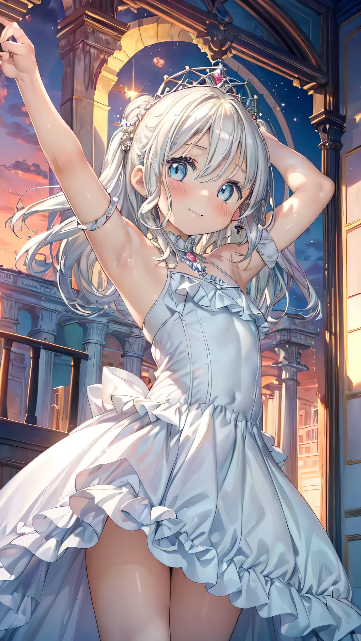 (Ultra-high resolution of the highest quality, masutepiece, Best Quality, 8K, Super Detail, Best Quality:1.3), (Anatomically correct:1.2), (1 :1.8), (Loli:1.8), ld:1.8), (petite body, build, stature:1.6), (flat chest:1.2), (drooping eyes), (blush cheek:1.3), (long hair:1.2), (blonde hair:1.2), tiara, (blue and white luxury frilled princess gown:1.7), (jewel, gem:1.2), (europe castles balcony), (beautiful sunset glow:1.2), front view, Extremely cute, (extremely detailed beautiful face), Authentic skin texture, beautiful hair, beautiful face, beautiful eyes, beautiful body, beautiful hands, (happy smile:1.5), (face focus, armpit focus:1.6), (standing)
