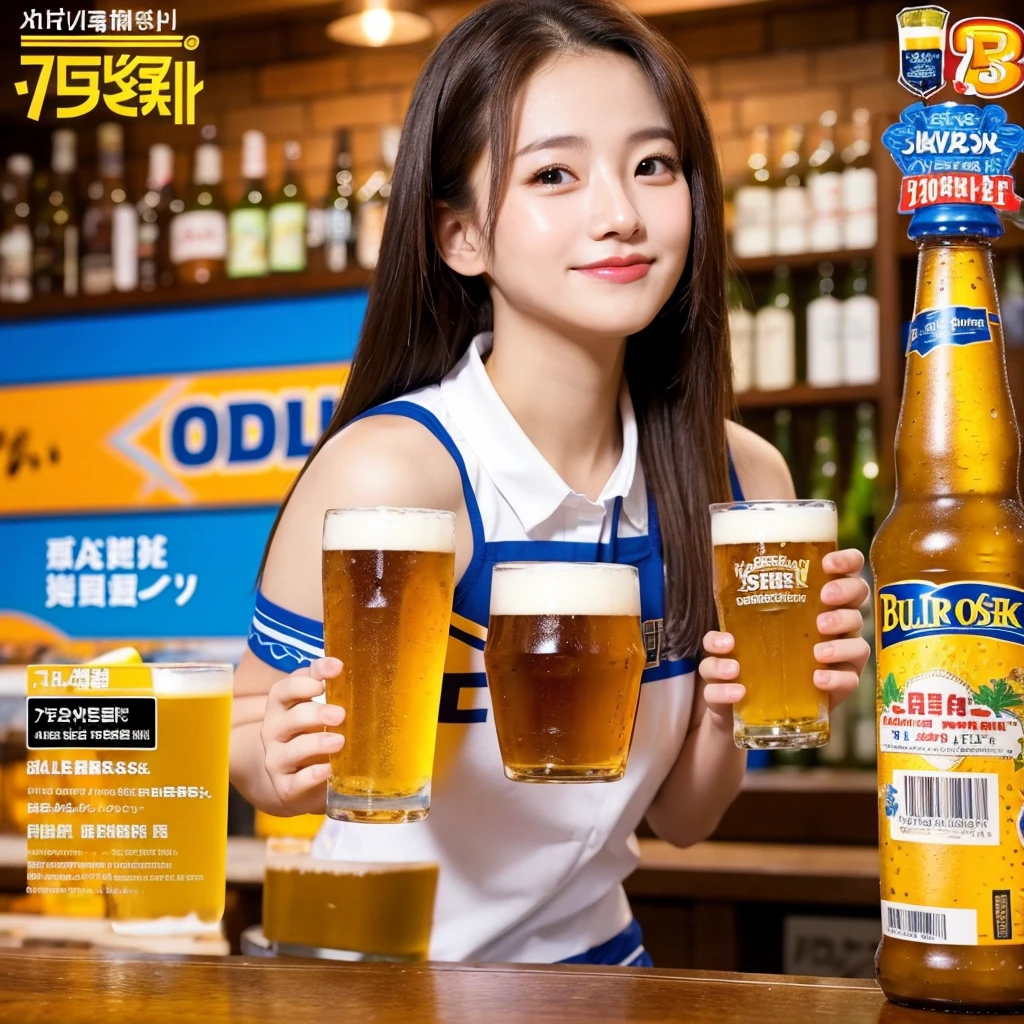 Beer promotion flyer, beauty asian, holding 2 glasses of beer