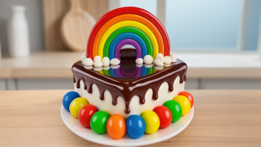 in the kitchen, on a wooden table, on a white porcelain plate, a tiny cake, the walls of the cake are made of multi-colored chocolate bars, on top are multi-colored cream stripes, multi-colored candies in the form of balls, window light, bright lights, soft light, window light, professional lighting, light from the window, neat light, realistic texture, realistic style, detailed texture, high quality, high resolution, high quality rendering, realistic photo, brightning light, macro photo