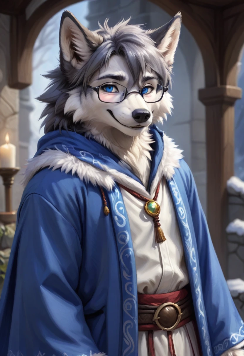 Wolf,male,Mage Clothing,robe,Blue and white fur,Glasses,Orcs,Orcs脸,delicate and pretty,Wolf脸,cute,Young,Introvert,精灵Wolf,Facial details,happy,Smile