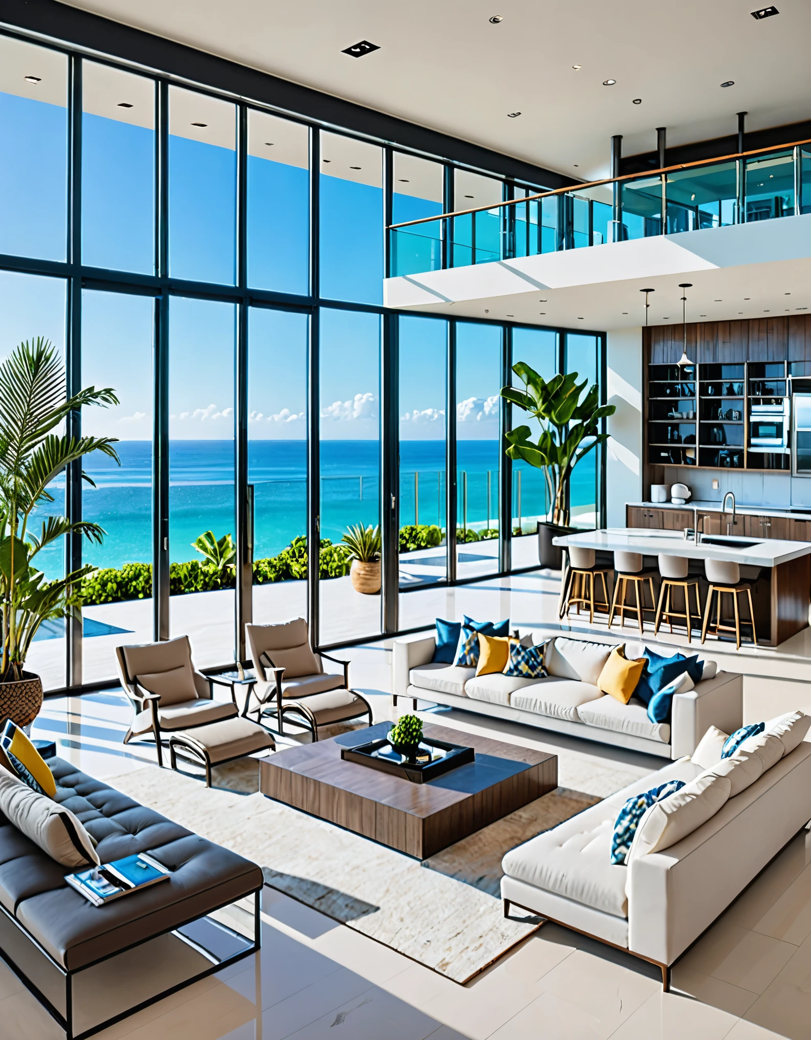 A modern and airy beachfront home with a luxurious interior. The living room features floor-to-ceiling windows showcasing panoramic ocean views, a plush seating area around a built-in jacuzzi, and a sophisticated kitchen on a mezzanine level. The space is decorated with numerous potted plants, enhancing the natural and fresh ambiance. Sunlight streams through the windows, creating a bright and welcoming environment that seamlessly integrates indoor comfort with the beauty of the seaside location