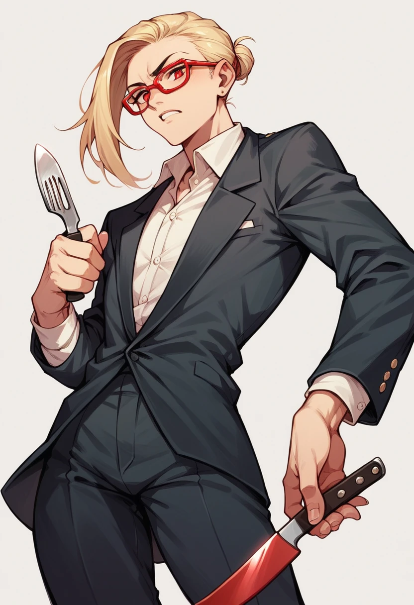 blonder woman, Black Suit, Red glasses, fork and knife in hand