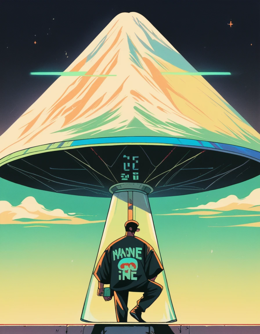tshirt design, ufo, mountain on distant, retro color, atmospheric, isolated on black background, cartoon, vector