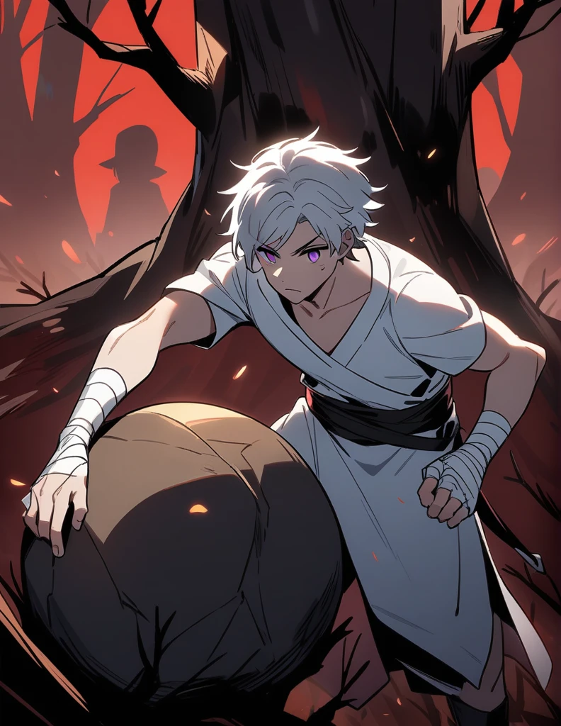 young Greek boy with white hair, violet eyes, bandaged fists and pushes a large round stone in a red forest of dead trees