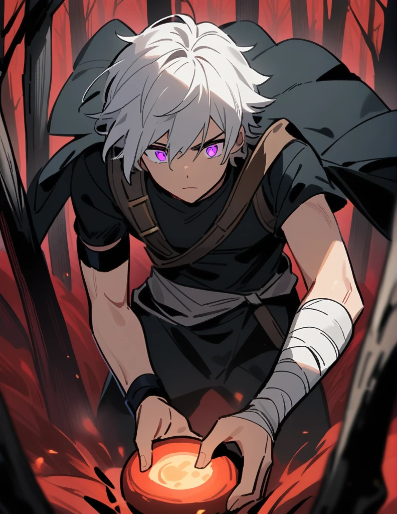 young Greek boy with white hair, violet eyes, bandaged fists and pushes a large round stone in a red forest of dead trees