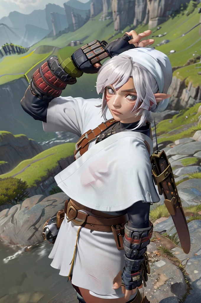 ​masterpiece, best quality, ootlink, hat, white tunic, belt, Fingerless Gloves, boots, Weapon on the back, Viewers look at, meeting, from above, Mountains, rocks