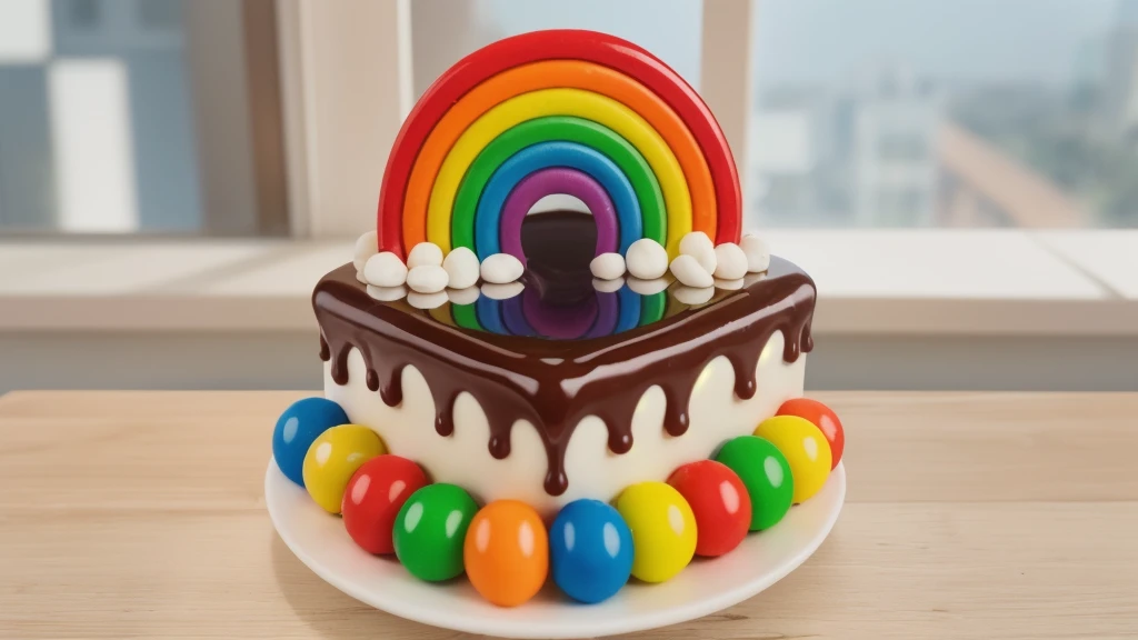 in the kitchen, on a wooden table, on a white porcelain plate, a tiny cake, the walls of the cake are made of multi-colored chocolate bars, on top are multi-colored cream stripes, multi-colored candies in the form of balls, window light, bright lights, soft light, window light, professional lighting, light from the window, neat light, realistic texture, realistic style, detailed texture, high quality, high resolution, high quality rendering, realistic photo, brightning light, macro photo