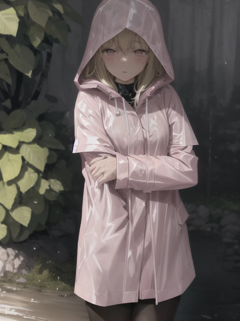 Light pink buttoned raincoat, wearing hood, muddy clothes, muddy raincoat, covered in mud