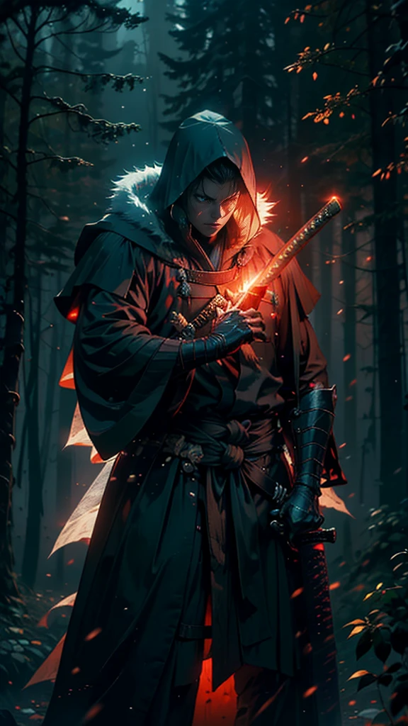 (Best Quality,ultra detailed), artificial raindrops falling, a man standing in the rain, detailed face(fail),dense forest landscape,majestic and serene nature, shining brightly in the night sky,black medieval outfit with fluorescent red stripes that glow in the moonlight,samurai sword sharpened and drawn(katana),