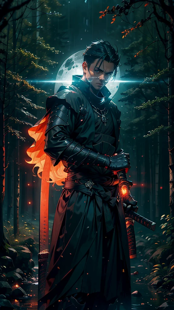 (Best Quality,ultra detailed), artificial raindrops falling, a man standing in the rain, detailed face(fail),dense forest landscape,majestic and serene nature, shining brightly in the night sky,black medieval outfit with fluorescent red stripes that glow in the moonlight,samurai sword sharpened and drawn(katana),