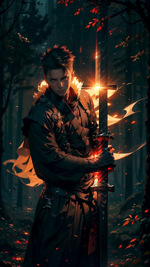 (Best Quality,ultra detailed), artificial raindrops falling, a man standing in the rain, detailed face(fail),dense forest landscape,majestic and serene nature, shining brightly in the night sky,black medieval outfit with fluorescent red stripes that glow in the moonlight,samurai sword sharpened and drawn(katana),