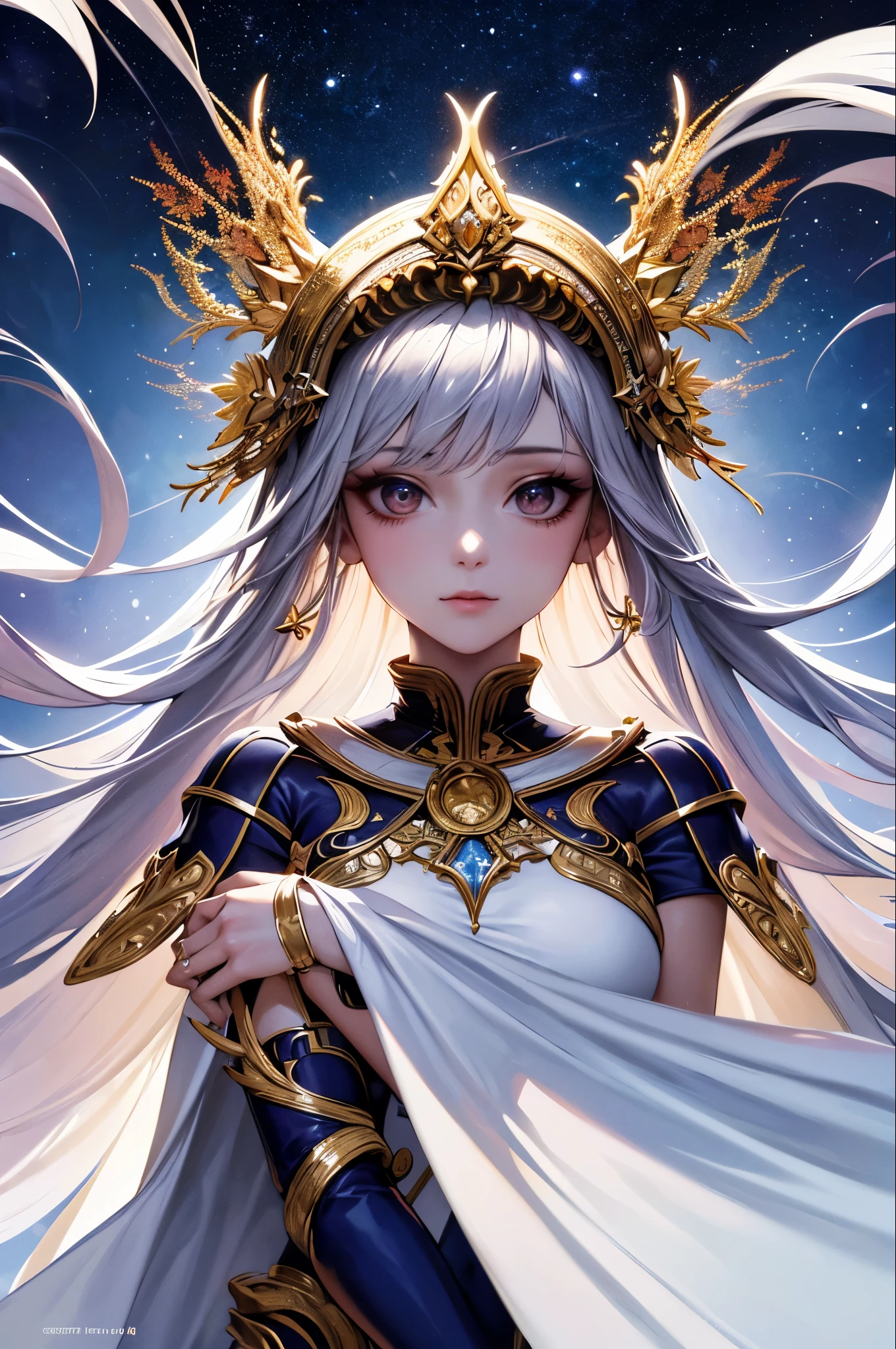 (masterpiece, Highest quality, Highest quality, Official Art, Beauty and aesthetics: 1.2), (1 Girl), Attention to detail, (Fractal Art: 1.3), colorful, Supreme detail, Perfect Face, Upper Body, High resolution, prayer, (White cloak Golden Line: 1.2), Starry Sky, shooting star, Light Stripe, Surrealism.