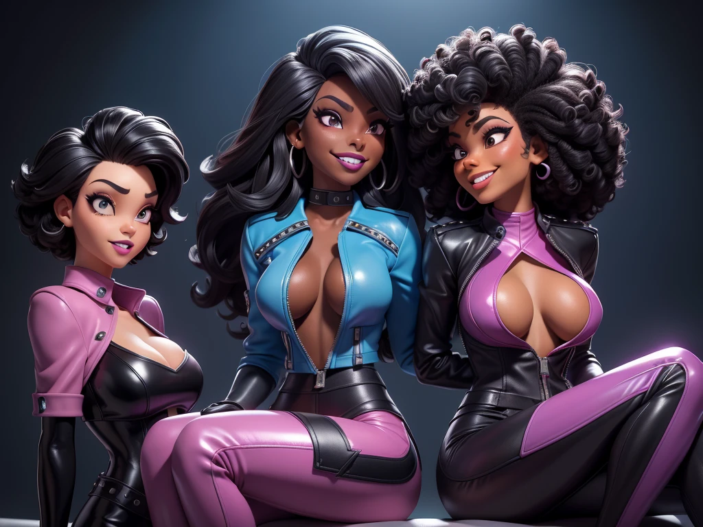 obra prima, melhor qualidade, ((harris faulkner, dark skin, big afro style black hair,)) head back, sassy wicked, open mouth, ((big teeth smile, shiny periwinkle lipstick,)) thick smoky black eye shadow, long fake eyelashes, sultry eyes, (cerulean blue leather jacket with bob shoulder,) biker jacket has stiff collar, leather blouse, magenta pvc skinny pants, studs zippers snaps, shiny leather gloves, nip slip, body is skinny, laying down hugging each other on sofa, shiny tight buttocks, arched back, mashing breasts, ((passionate kissing,)) camera view of whole body, looking up at me, shallow depth of field, highres, HD, 8k, anatomically correct