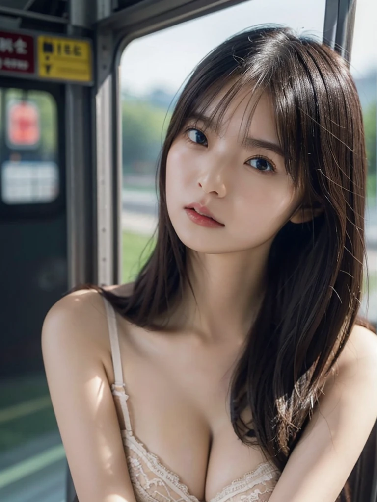 realistic photos of (1 cute Korean star) flipped hair, thin makeup, large breasts size, sexy erotic tiny string of G-string lingerie, at the train station, clear facial features of Canon EOS, 16k, high resolution, sharp and realistic details, overexposure, cut-in, UHD, high res, best quality, full body.