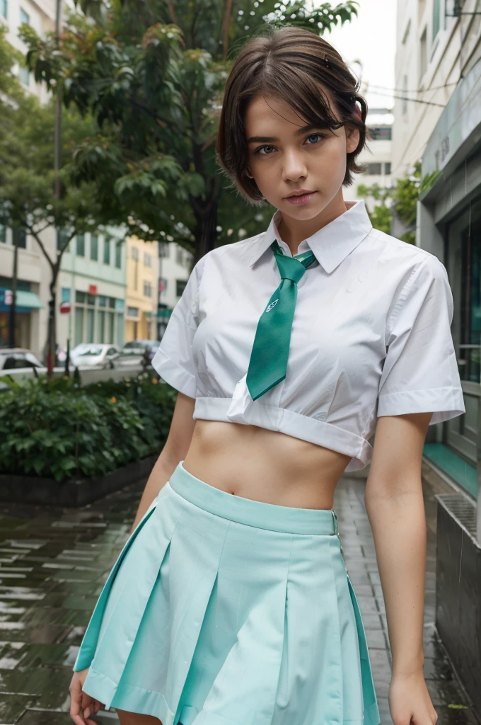 1 girl, by rubio, short hair, Blue eyes, White shirt, green tie, green skirt, City, rain, detailed background