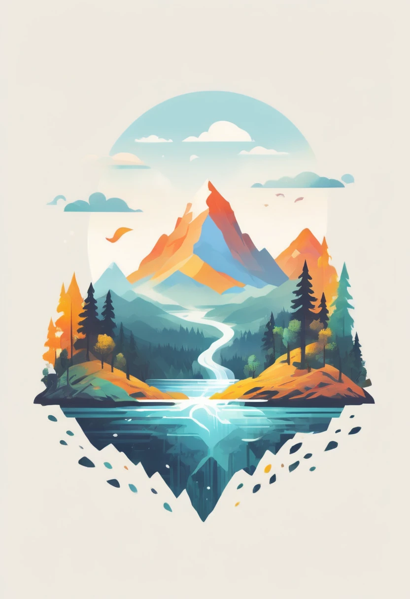 t-shirt design,Captivating artwork portraying an awe-inspiring mountain scene framed by vibrant trees and a soothing water element, a detailed painting by Petros Afshar, shutterstock contest winner, environmental art, detailed painting, outlined art, 2d game art, isolated background for logo