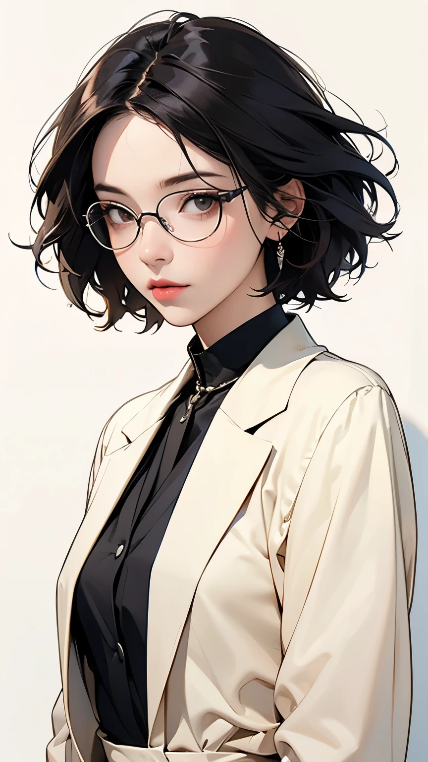 (((whole body:1.5)))、((One Woman))、((alone))、office lady,suit,pantyhose,short hair, Messy Hair, Semi-rimless eyewear,(looking at the camera)、 (from the front)、 (Soft Light)、(Soft Shading)、 (pastel colour)、(ink)、(Sketch Style)、(Bright)、(Sargent-style watercolor)、(Edmund Leighton Style)、((White Background))、((Blank Background))、(Highest quality、masterpiece)、(Concept Art)、(Avatar)、(icon)、
