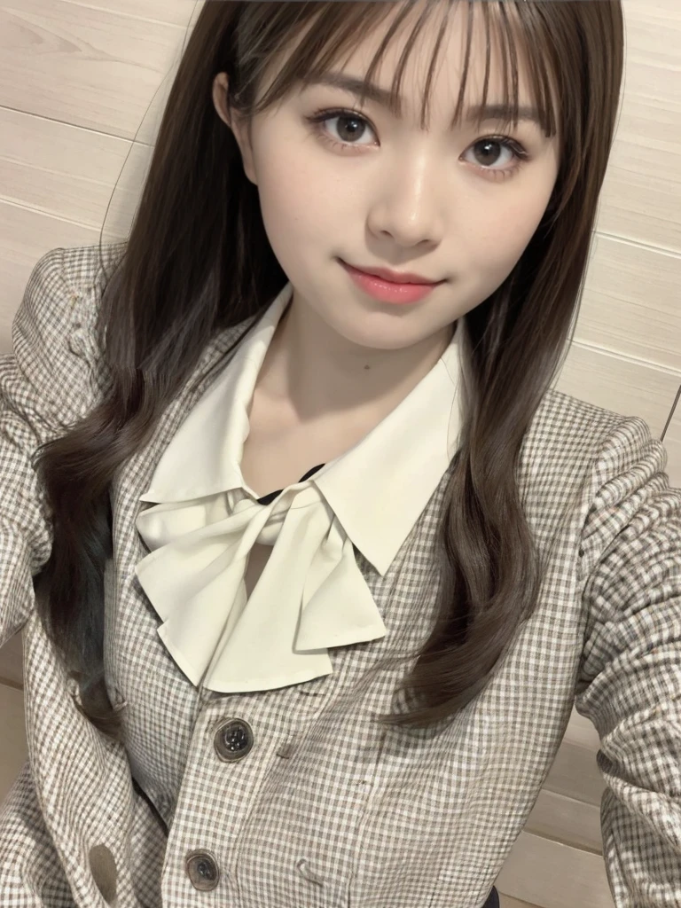(Very detailedな CG Unity 8k 壁紙, Highest quality, Very detailed, Looking into the camera:1.2, The light shines on your face:1.5, Gray background, Professional Lighting), Japanese women, 26 years old, Brightly lit upper body composition of a face. She has an oval face, Soft arched eyebrows, bright expressive eyes,,, pronounced nose, And a friendly smile. Her hair is shoulder-length, straight, Dyed a pale chestnut color. She is wearing a smart casual blouse, Probably soft colors, Pair it with a chic blazer, Embody her lively and sociable personality