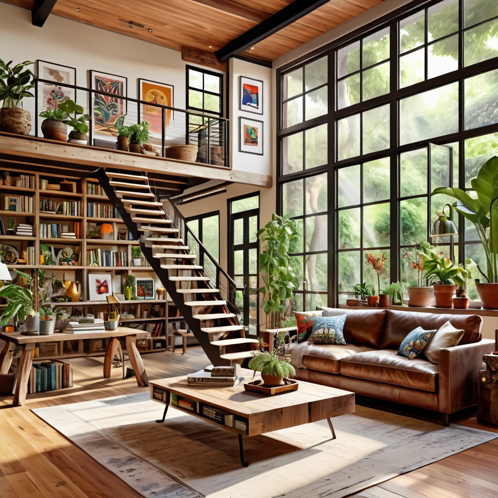 Design a cozy and eclectic open-plan living space featuring a mix of natural and rustic elements. The room includes a wooden staircase leading to a loft area, large potted plants, and bookshelves filled with books and decorative items. The living area has a comfortable sofa, a coffee table, and vibrant artwork on the walls. The space is illuminated by natural light coming through large windows, creating a warm and inviting atmosphere with a blend of modern and vintage decor
